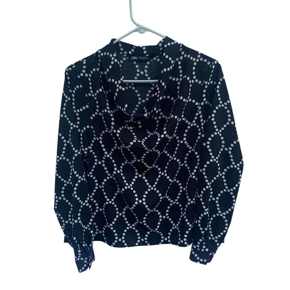 ZARA Black White Polka Dot Draped Cowl Neck Long Sleeve Blouse Size Small Classi
